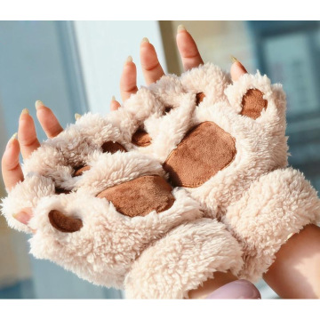 Women Girls Lovely Winter Warm Fingerless Gloves Fluffy Bear Cat Plush Paw Claw Half Finger Gloves Mitten New black red white