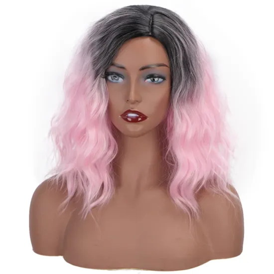 Vigorous 14 Inch Curly Wave Short Bob Wigs Ombre Light Pink Synthetic Cosplay Pastel Wig for Girl Costume Christmas Party