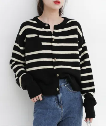 New stripe knit women cardigan street sweater
