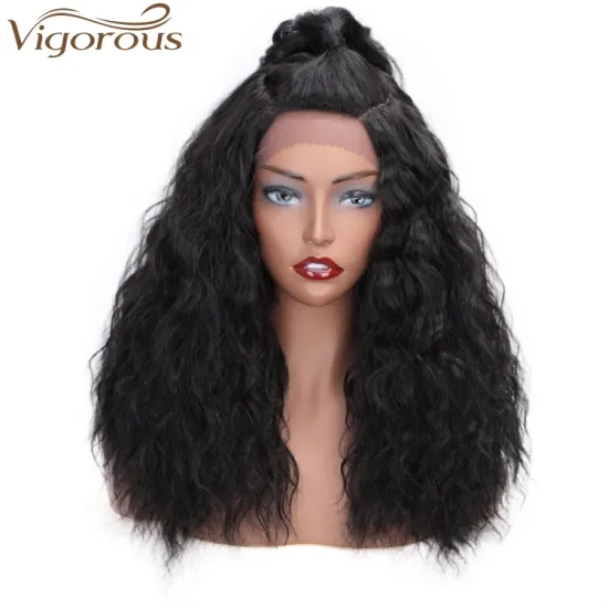 Vigorous Natural Black Synthetic Lace Front Wigs Long Water Wave Heat Resistant Fiber Hair Wigs for African Americans