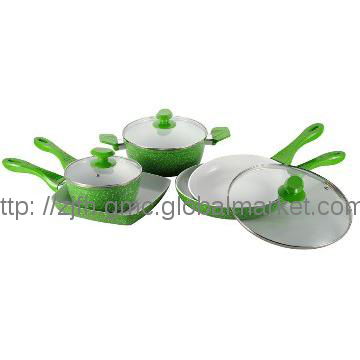 Foged Aluminum ceramic cookware set outside green color white dot