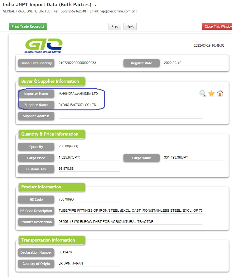 Piezas de tractor - India Importar datos comerciales