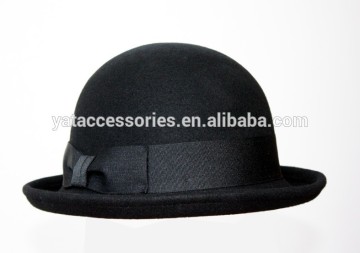 100% women Australian wool felt fashion black bowler hat with matching color bow trimband