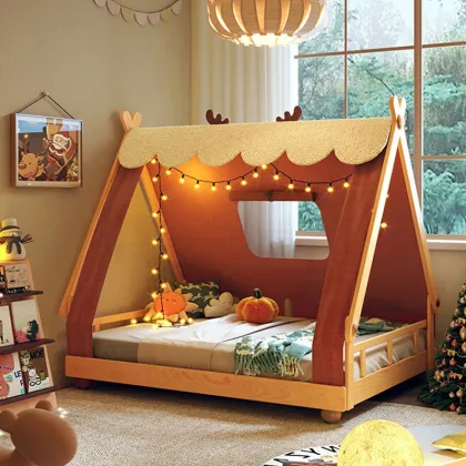 Kids Cartoon Wooden Bed with Canopy Cover