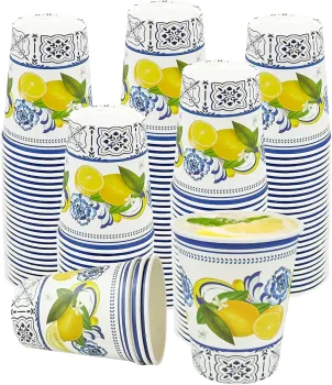 Blue Tiles Yellow Lemon 9oz Paper Coffee Cups for Summer Parties