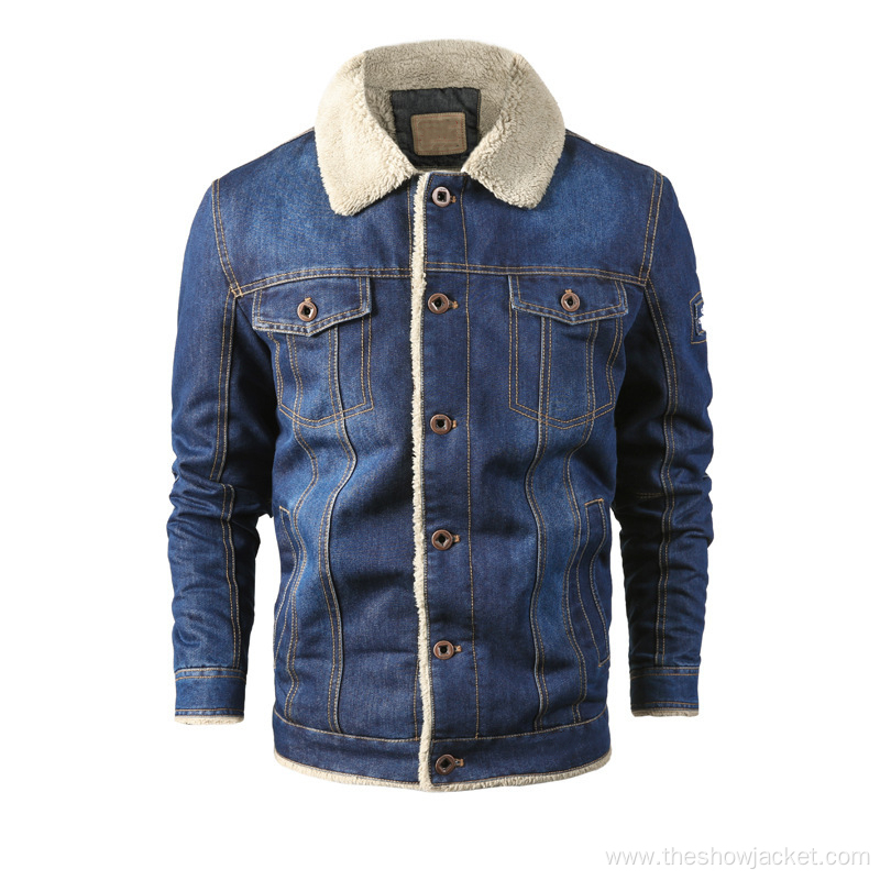 OEM Custom Men's Fleece Blue Denim Jacket Embroidery