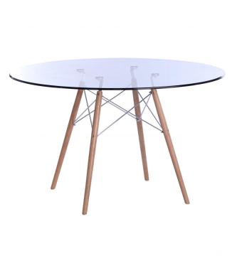 Round glass top dining table with wood base