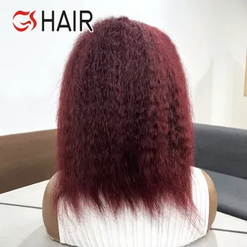 GS New 99j Red Kinky Straight with Afro 13x4 Swiss Lace Front Yaki Bob Human Hair Wigs