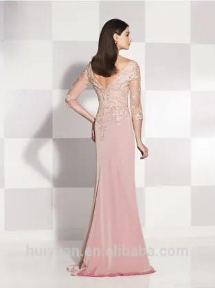 pink chiffon lace beaded long sleeve fashionable ladies dresses