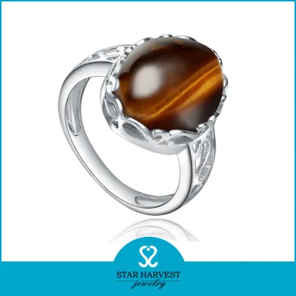 Rhodium plating 925 silver tiger eye stone ring