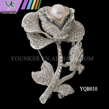 silver jewelry metal rosette rhinestone brooch pin with pearl