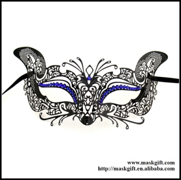 Hot Sell!! Halloween Theme Venetian Gloss Black Filigree Metal Masquerade Party W/ Blue Stones Cat Masks ME002-BLBK