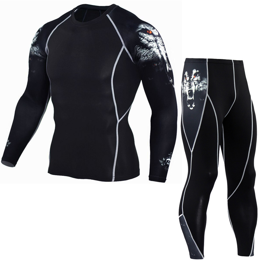 New Fitness Men's Suit 3D Compression Top + Leggings Underwear Crossfit Long Sleeve Training Fitness Wear Cycling Sportswear