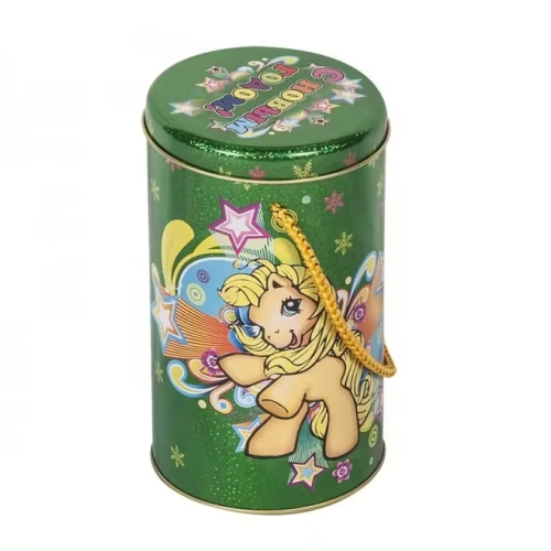 Dadi Decorative Round Tin Can con mango de cuerda