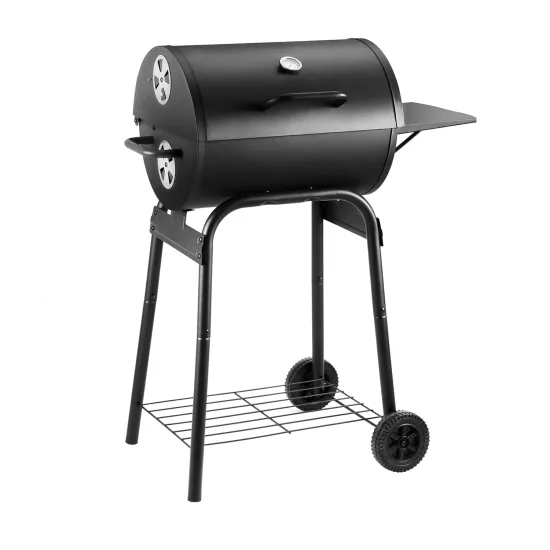 Custom Black Barbecue Barrel Charcoal BBQ Grill Smoker with Side Table for Outdoor Garden Camping
