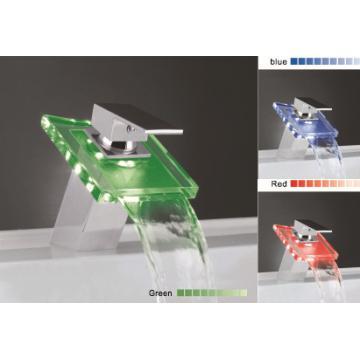 Glass LED waterfall basin mixer