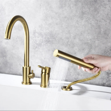 Wholesale Brushed Gold Deck Mount 3-Hole Bathroom Faucet with Shower Handle