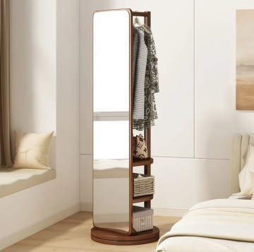 Stylish Rotatable Wooden Wall Shelf with Built-in Makeup Mirror