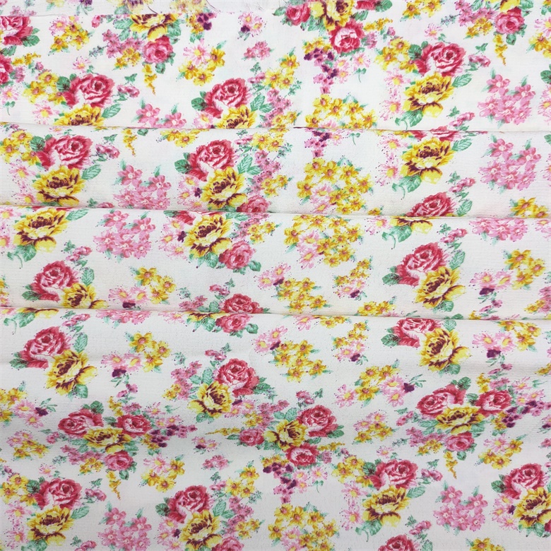 White Base Flowers Printed Fabric