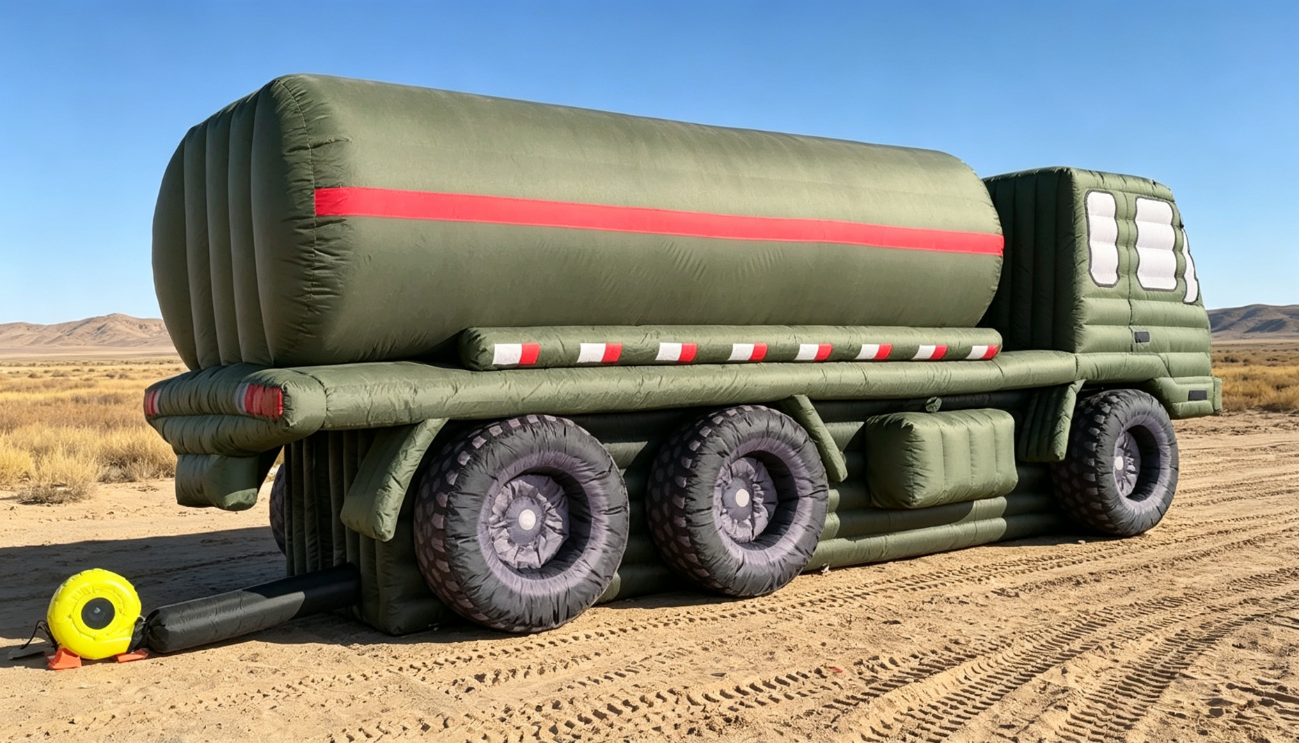 Inflatable fuel tanker decoy on sand