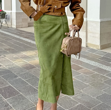 Elegant Spring Autumn Green Suede Split Zipper Mid-Length High-Waisted Skirt