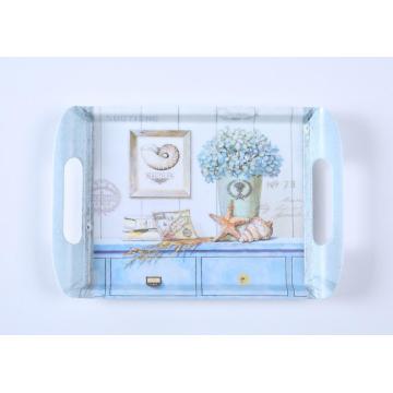 Customized pattern melamine home kitchen tray with handle