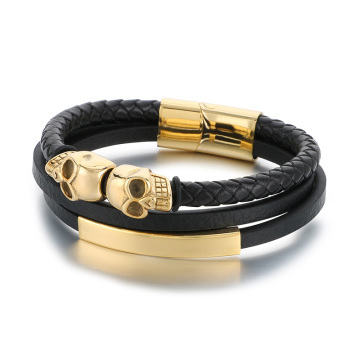 KALEN Men's 210mm Stainless Steel & Cowhide Leather Punk Skull Strand Bracelet