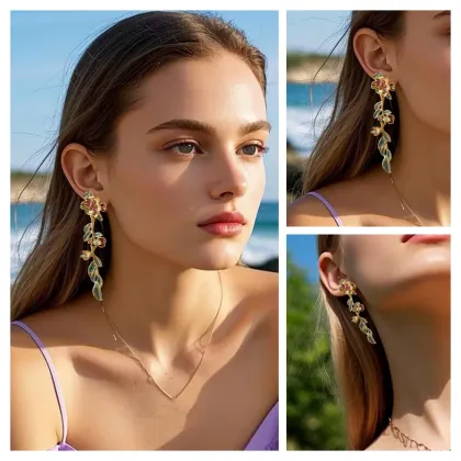 Hand-Painted Alloy Flower Leaf Tassel Earrings