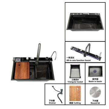 Lavello da cucina in acciaio inossidabile con rubinetto all-in-one per pioggia volante e funzionalità di cascata