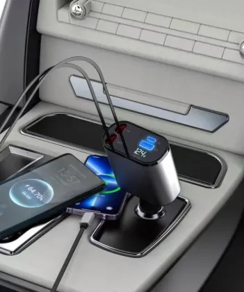 4-in-1 Retractable Fast Charging Car Charger for iPhone, Samsung, Pixel, Huawei