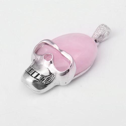 Rose Quartz Semi Precious stone Skull Alloy Pendant