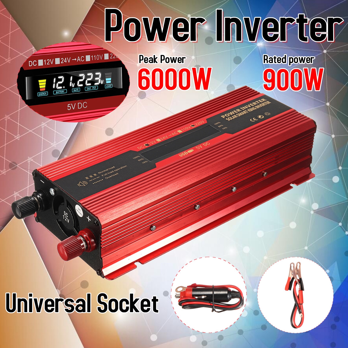 Solar Inverter 12V/24V 220V 6000W Power Inverter Voltage Convertor Transformer DC 12V/24V To AC 220V Inversor LCD Display