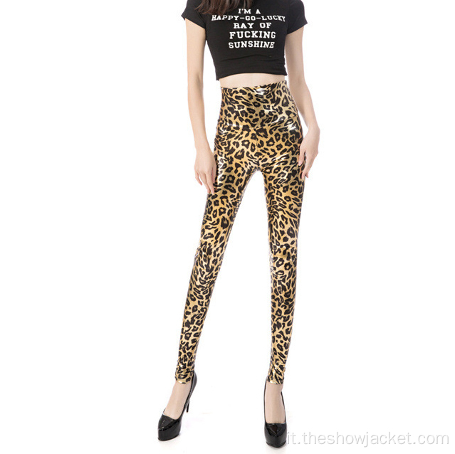 Pantaloni di pelle attillati con stampa leopardata di vendita calda da donna