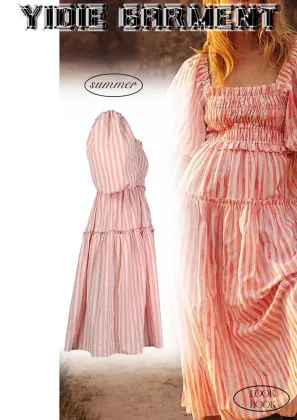 Ladies Pink Short Puff Sleeves Cake Dress