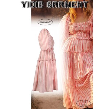 Ladies Pink Short Puff Sleeves Cake Dress