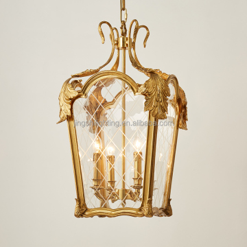 European Midcentury Vintage Rectangle Brass Lamp with Clear Glass Pendant Light