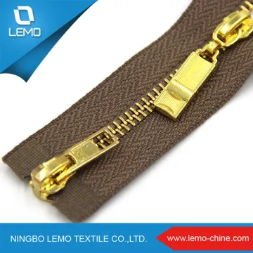 Two Slider Gold Teeth Brass Metal Zippers For Jackets