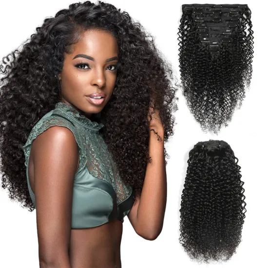 wholesale price clip in kinky,the best selling 120g/set 8pcs human hair extention, kinky curly human hair clip ins