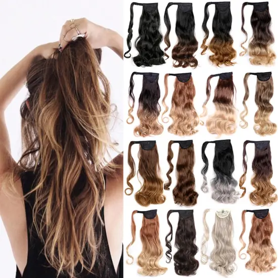 Wholesale Cheap price Wrap Around Long Straight Ombre Pony Tail Hair Extension Synthetic Fiber