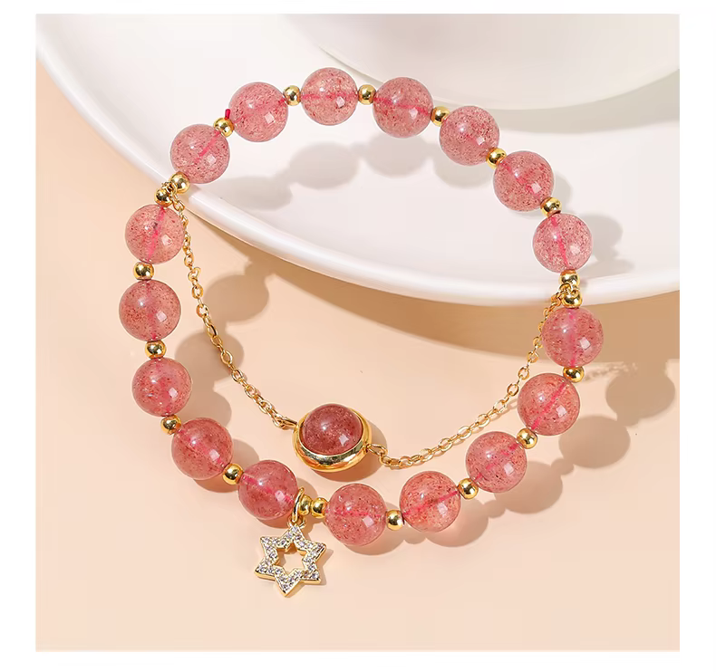 Bracelet de cuentas de suerte de cuarzo de fresa natural