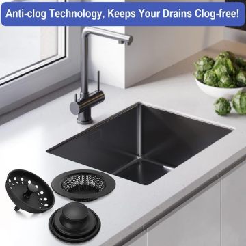 Stainless Steel Kitchen Sink Drain Strainer Basket with Metal Drain Stopper and Black Finish