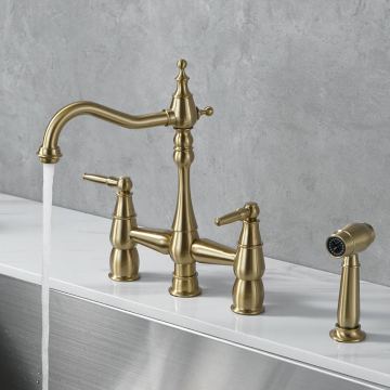 Vintage 4 Hole Brass Double Lever Kitchen Tap with Sprayer