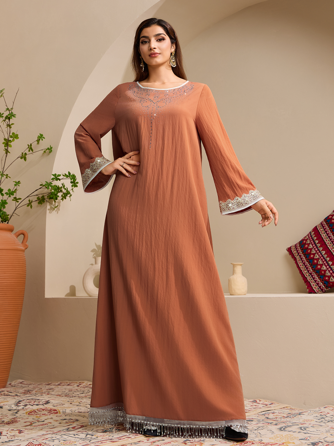 Crystal Embellished Textured Linen Abaya (2)
