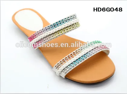 New Style diamond black & white women PU shoes ,lady slide flat straps flipflops