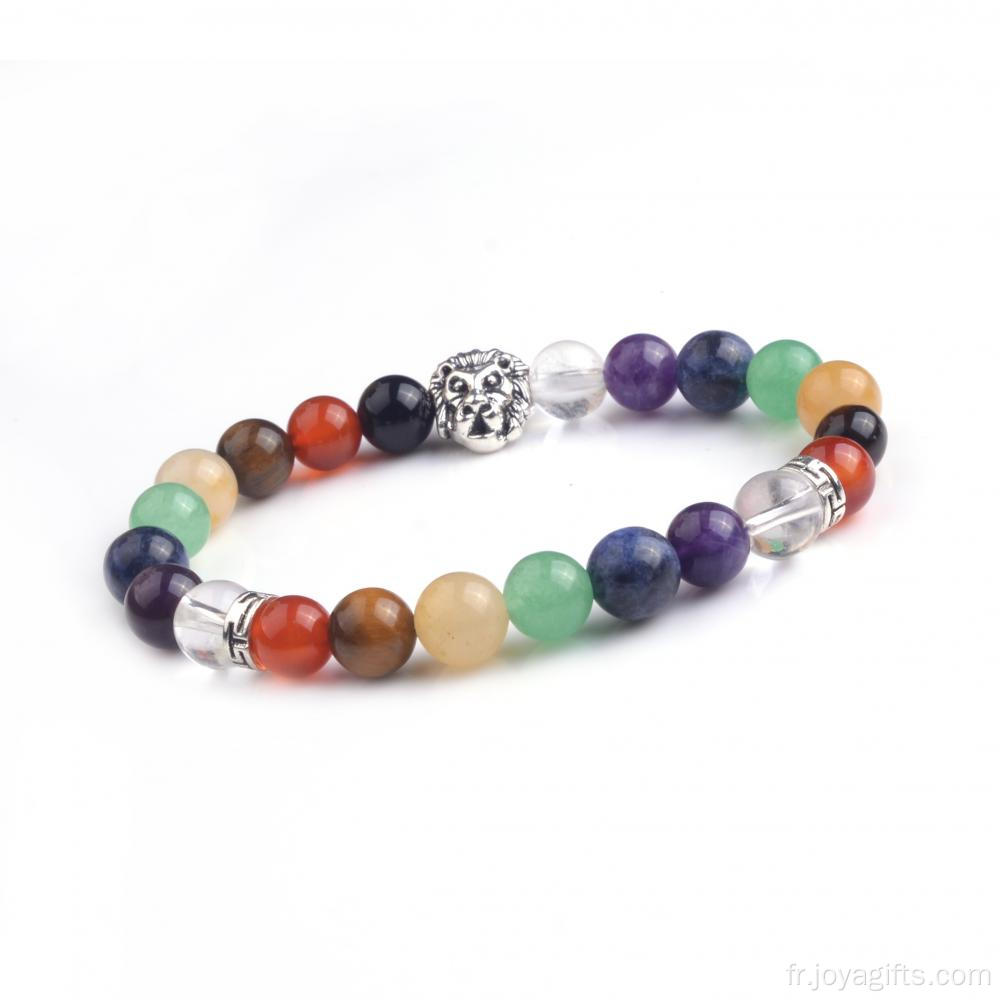 Gros coloré Chakra élastique perles Bracelets avec breloques Bouddha/Lion Bracelet