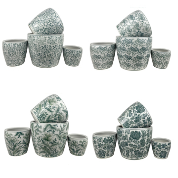 RXAE Series Green and White Round Flower Design Ceramic Planters - 4pc Set
