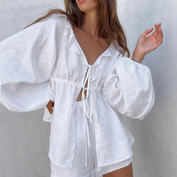 2025 Sommer weiße Leinen Shorts Sets für Frauen: elegante Laternenhülle Schnür-up lose Spitzen und Baumwoll-Shorts