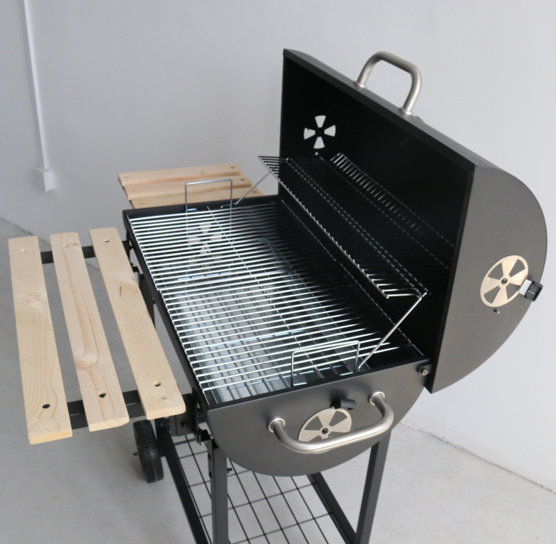 Outdoor Garden Trolley Barbecue Meat Barrel Drum Charcoal Bbq Smoker Grill With Side Table