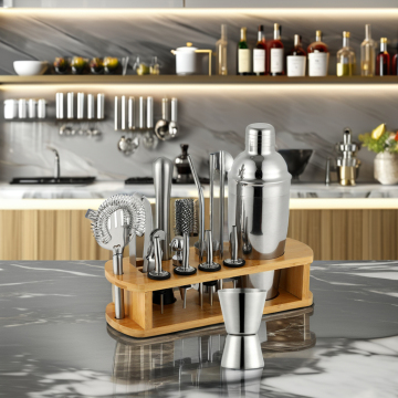 Kit di barista in acciaio inossidabile professionale con supporto in legno - set di jigger shaker da cocktail