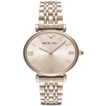 Reloj de cuarzo para mujer de acero inoxidable chapado en oro rosa, esfera color champán con rayos de sol de 32 mm, índice de horas de cristal, pulsera de metal multieslabones Dr.